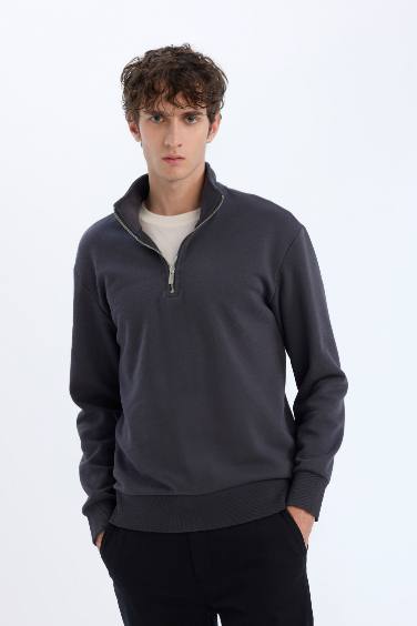 Comfort Regular Fit Rahat Kalıp Fermuarlı Dik Yaka Basic Düz Sweatshirt