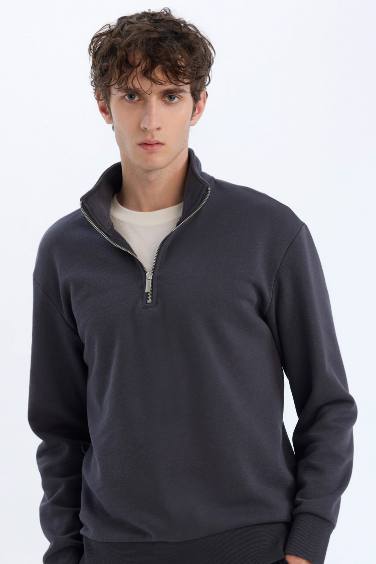 Comfort Regular Fit Rahat Kalıp Fermuarlı Dik Yaka Basic Düz Sweatshirt