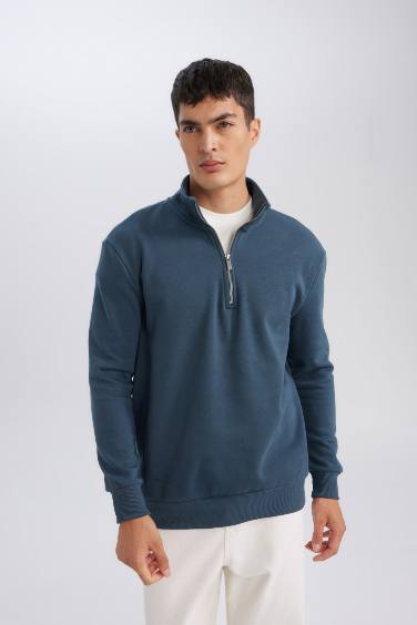 Comfort Regular Fit Rahat Kalıp Dik Yaka Fermuarlı Kalın Basic Düz Sweatshirt