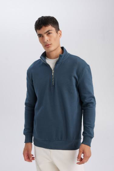 Comfort Regular Fit Rahat Kalıp Fermuarlı Dik Yaka Basic Düz Sweatshirt