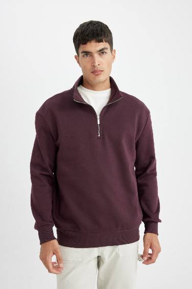 Koyu Bordo Comfort Regular Fit Rahat Kalıp Dik Yaka Fermuarlı Kalın Basic Düz Sweatshirt