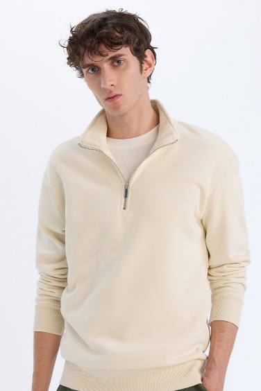 Comfort Regular Fit Casual Zippered Stand Collar Basic Sweatshirt