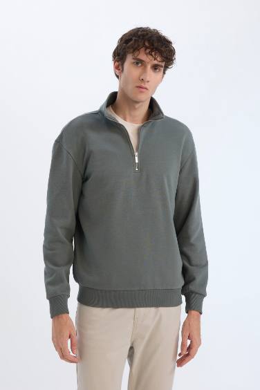 Comfort Regular Fit Rahat Kalıp Fermuarlı Dik Yaka Basic Düz Sweatshirt