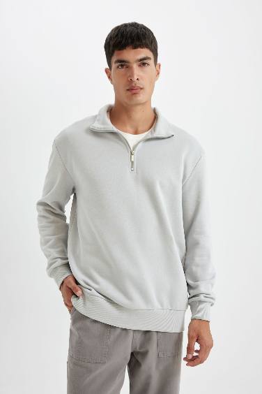 Erkek Açık Gri Comfort Regular Fit Rahat Kalıp Dik Yaka Fermuarlı Kalın Basic Düz Sweatshirt