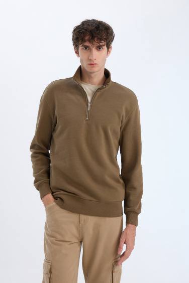 Comfort Regular Fit Rahat Kalıp Fermuarlı Dik Yaka Basic Düz Sweatshirt