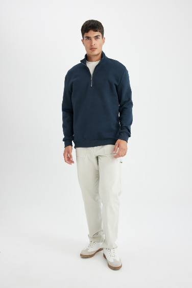 Comfort Regular Fit Rahat Kalıp Fermuarlı Dik Yaka Basic Düz Sweatshirt
