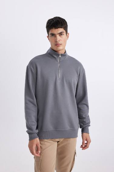 Comfort Regular Fit Rahat Kalıp Fermuarlı Dik Yaka Basic Sweatshirt