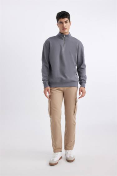 Comfort Regular Fit Rahat Kalıp Fermuarlı Dik Yaka Basic Düz Sweatshirt
