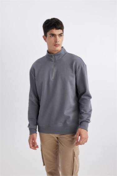 Comfort Regular Fit Rahat Kalıp Fermuarlı Dik Yaka Basic Düz Sweatshirt