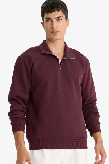 Regular Fit Dik Yaka Yarım Fermuarlı Basic Düz Sweatshirt