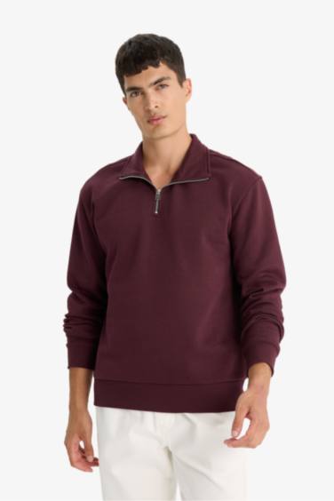 Regular Fit Dik Yaka Yarım Fermuarlı Basic Düz Sweatshirt