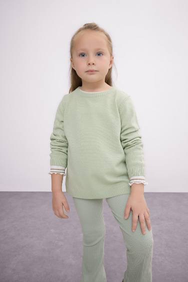 Pull en tricot basique vert menthe à col rond pour bébé fille