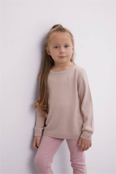 Kız Bebek Açık Pembe Bisiklet Yaka Basic Düz Triko Kazak