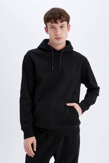 Siyah Cepli Regular Fit Kapüşonlu İçi Yumuşak Tüylü Basic Düz Sweatshirt