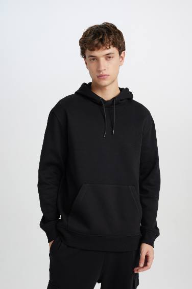 Regular Fit Kapüşonlu Kanguru Cepli Basic Düz Sweatshirt