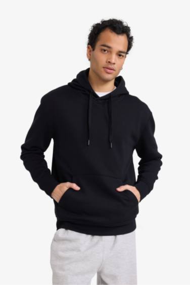 Regular Fit Kapüşonlu İçi Yumuşak Tüylü Kanguru Cepli Basic Düz Sweatshirt