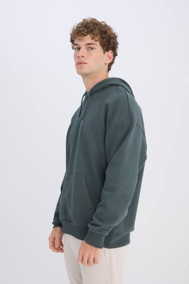 Oversize Geniş Kalıp Kapüşonlu Kanguru Cepli Basic Düz Sweatshirt