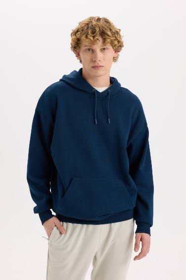 Oversize Geniş Kalıp Kapüşonlu Kanguru Cepli Basic Düz Sweatshirt