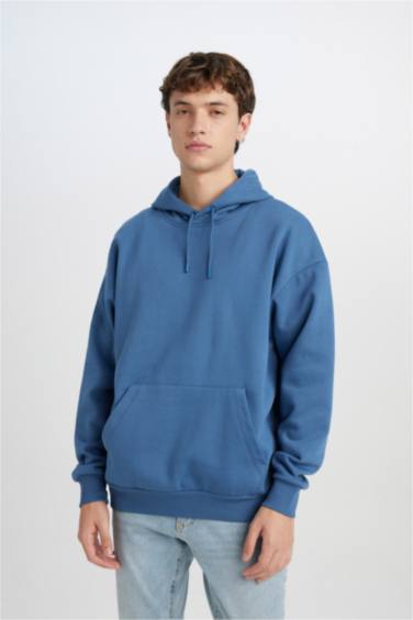 Oversize Geniş Kalıp Kapüşonlu Kanguru Cepli Basic Düz Sweatshirt
