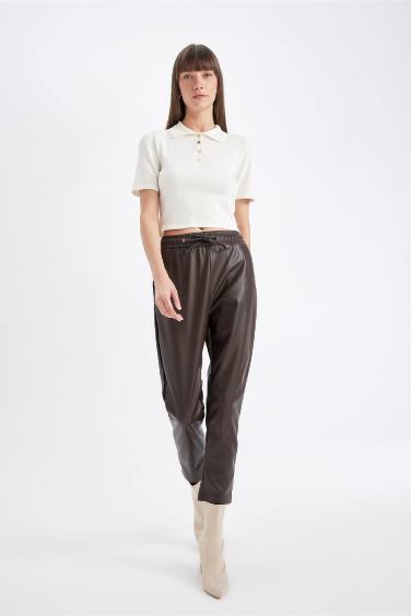 Jogger Yüksek Bel Cepli Suni Deri Pantolon