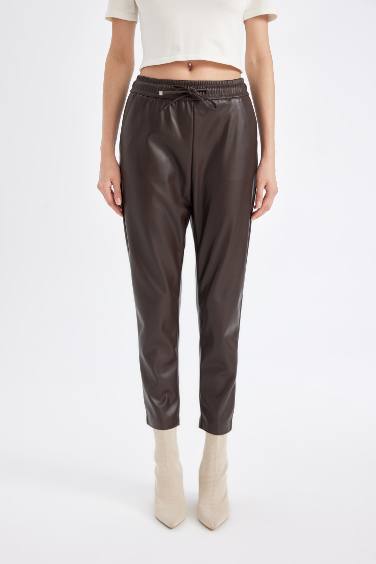 Jogger Yüksek Bel Cepli Suni Deri Pantolon