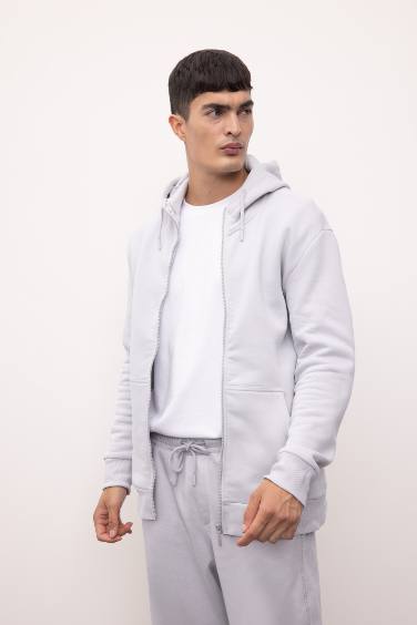 Regular Fit Hooded Soft Furry Inside Basic Zippered Sweatshirt