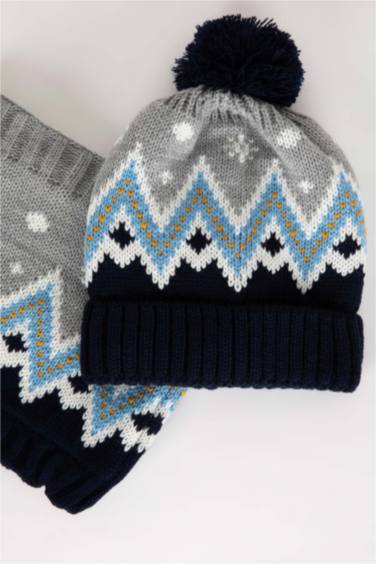 Boy Patterned 2 Piece Knitwear Neck Collar Beret Set