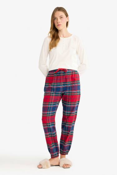 Yılbaşı Temalı Beli Lastikli Ekose Desenli Flanel Pijama Altı-Fall in Love