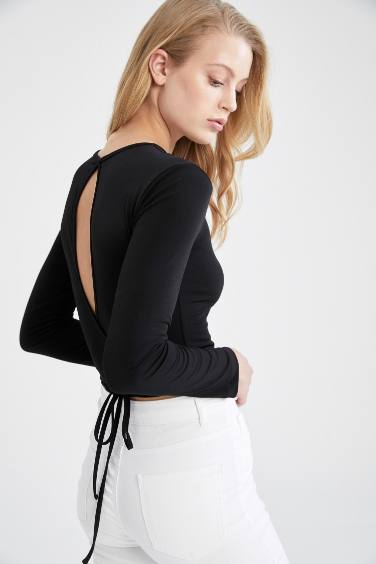 Slim Fit Crew Neck Waist Tie Detailed Crop Long Sleeve Blouse