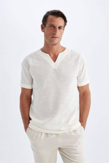 Regular Fit V-Neck Cotton Short Sleeve Shirt
