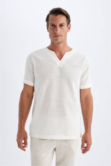 Regular Fit V-Neck Cotton Short Sleeve Shirt