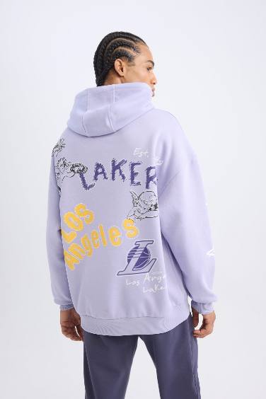 DeFactoFit NBA Los Angeles Lakers Oversize Geniş Kalıp Sırt Baskılı Kapüşonlu Sweatshirt