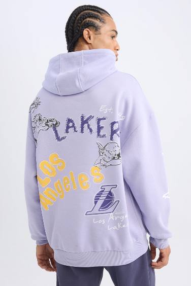 DeFactoFit NBA Los Angeles Lakers Oversize Geniş Kalıp Sırt Baskılı Kapüşonlu Sweatshirt