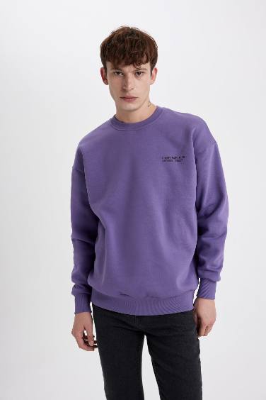 Oversize Geniş Kalıp Bisiklet Yaka Baskılı Sweatshirt