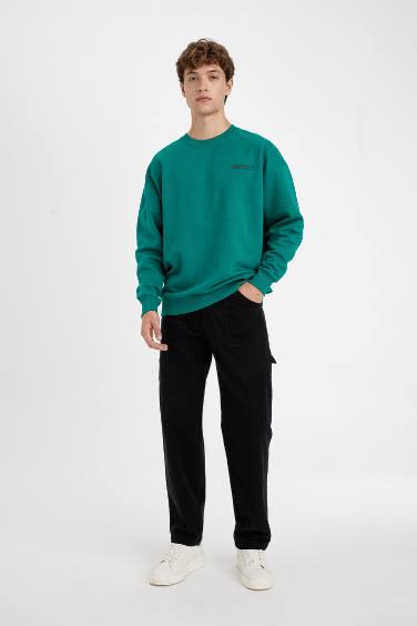Oversize Geniş Kalıp Bisiklet Yaka Baskılı Sweatshirt