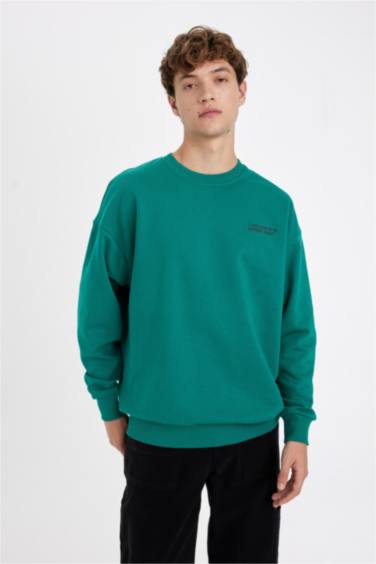 Oversize Geniş Kalıp Bisiklet Yaka Baskılı Sweatshirt
