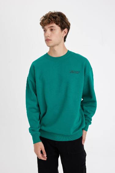 Oversize Geniş Kalıp Bisiklet Yaka Baskılı Sweatshirt