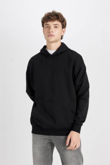 Oversize Geniş Kalıp Kapüşonlu Cepli  Basic Düz Sweatshirt