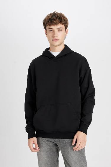 Oversize Geniş Kalıp Kapüşonlu Cepli  Basic Düz Sweatshirt