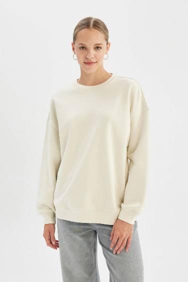 Okula Dönüş Oversize Fit Geniş Kalıp Bisiklet Yaka Kalın Kumaş Basic Düz Sweatshirt