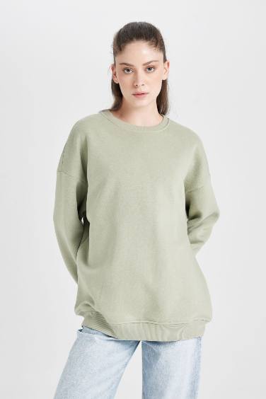 Oversize Geniş Kalıp Bisiklet Yaka Kalın Basic Düz Sweatshirt