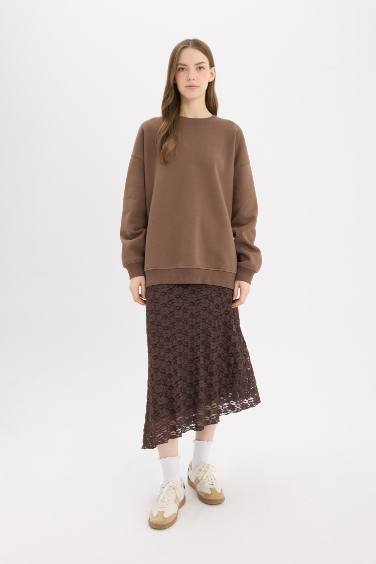 Oversize Geniş Kalıp Bisiklet Yaka Basic Düz Kalın Sweatshirt