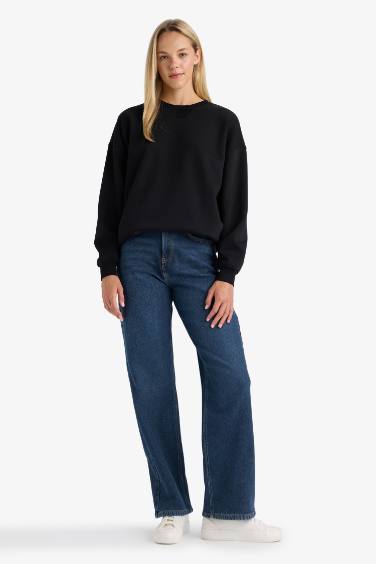 Oversize Geniş Kalıp Bisiklet Yaka Basic Düz Kalın Sweatshirt