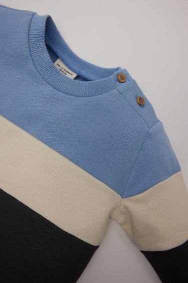 Erkek Bebek 2'li Takım Renk Bloklu İçi Yumuşak Tüylü Sweatshirt Beli Lastikli Eşofman Altı