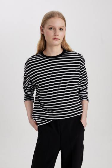 Regular Fit Crew Neck Striped Cotton Long Sleeve T-Shirt