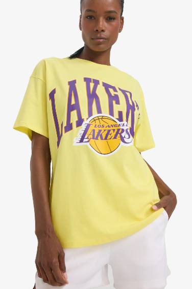 DeFactoFit NBA Los Angeles Lakers Oversize Geniş Kalıp Bisiklet Yaka Kısa Kollu Tişört