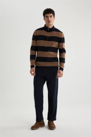 Slim Fit Dar Kesim Çizgili Dik Yaka Fermuarlı Triko Kazak