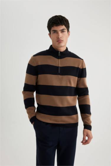 Slim Fit Dar Kesim Çizgili Dik Yaka Fermuarlı Triko Kazak