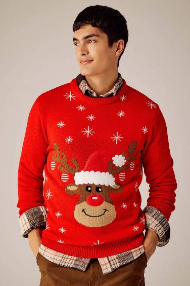 New Year Themed Standard Fit Patterned Crew Neck Knitted Pullover