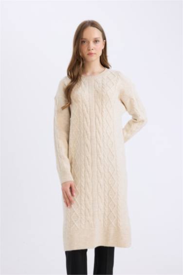 فستان ميدي تريكو كم طويل قصة عادية برقبة مستديرة